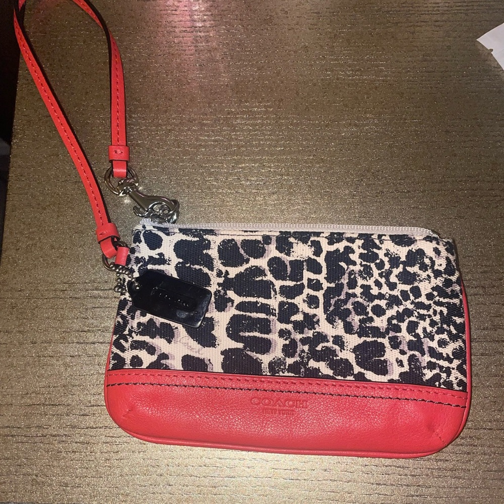 Coach Legacy Ocelot Print Wristlet Cheetah Canvas with Carnelian Leather Trim
